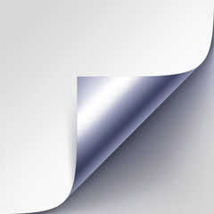 Vector Curled Silver Metalic Corner of White Paper with Shadow Mock up Close up Isolated on Gray Background