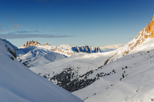 Morning view of Dolomites from  Belvedere valley near Canazei of Val di Fassa, Trentino-Alto-Adige region, Italy.