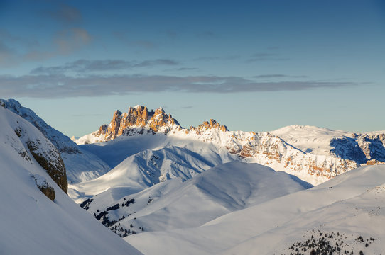 Morning view of Dolomites from  Belvedere valley near Canazei of Val di Fassa, Trentino-Alto-Adige region, Italy.