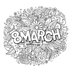 Cartoon cute doodles hand drawn 8 March inscription. Sketchy det