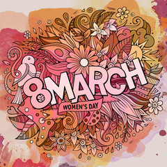 Cartoon cute doodles hand drawn 8 March inscription. Watercolor 