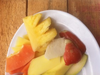 Rujak, Indonesia Salad Fruit at Wooden Board
