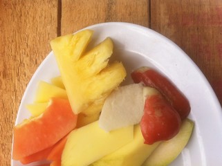 Rujak, Indonesia Salad Fruit at Wooden Board
