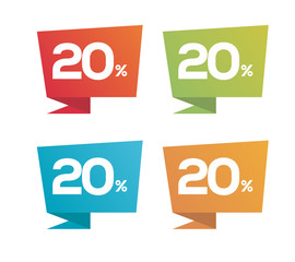 20% on colorful Red Green Blue Orange price label with percent icon isolated on white background. For summer spring autumn winter sale campaigns. 