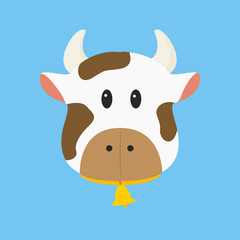 brown and white cow with bell vector illustration in blue background