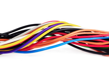 Colored computer wires. The cable from the computer power supply. Isolated on white background.