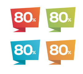 80% on colorful Red Green Blue Orange price label with percent icon isolated on white background. For summer spring autumn winter sale campaigns. 