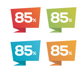 85% on colorful Red Green Blue Orange price label with percent icon isolated on white background. For summer spring autumn winter sale campaigns. 