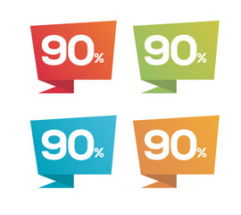 90% on colorful Red Green Blue Orange price label with percent icon isolated on white background. For summer spring autumn winter sale campaigns. 