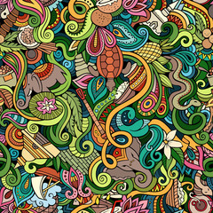 Cartoon cute doodles hand drawn Indian culture seamless pattern