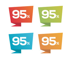 95% on colorful Red Green Blue Orange price label with percent icon isolated on white background. For summer spring autumn winter sale campaigns. 