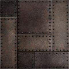 Dark rusty metal plates with rivets seamless background or texture