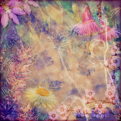 Vintage floral background with Australian flora including grevillea, flannel flowers, paper daisies, and gumtree blossoms. Copy space for text.
