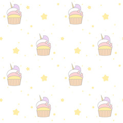 cute cartoon unicorn cupcake seamless vector pattern background illustration

