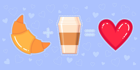 Funny vector illustration of croissant, coffee cup and red heart on blue background