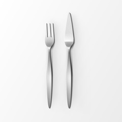 Vector Cutlery Set of Silver Fish Fork and Fish Knife Top View Isolated on White Background. Table Setting