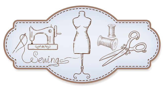 Decorative frame for workshop advertising stickers with  hand drawn sewing tools