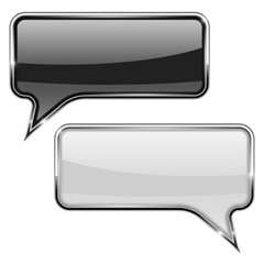 Naklejka premium Black and white speech bubble. Rectangular 3d icon with chrome frame