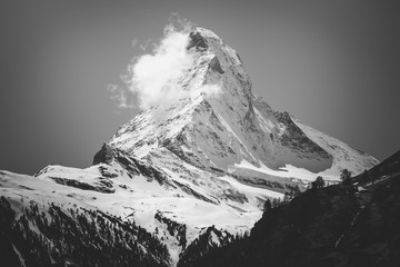 Art photo Scenic view on snowy Matterhorn peak in black and white