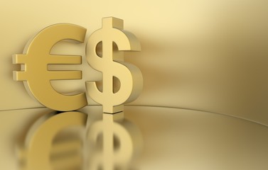 3d rendering dollar and euro signs on a gold background