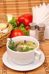 Vegetable soup with dill and parsley in a white plate