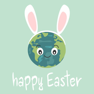 cute cartoon earth with bunny ears happy easter hand drawn lettering vector greeting card

