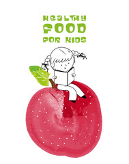 Healthy food for kids vector illustration. Fun and happy children reading on red apple created with watercolor brush.