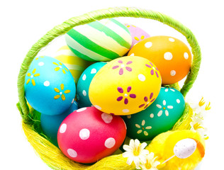 Perfect colorful handmade easter eggs in the basket