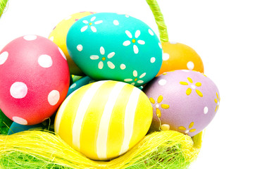 Fototapeta na wymiar Perfect colorful handmade easter eggs in the basket