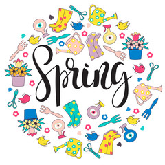 Lettering Spring with garden tools background.