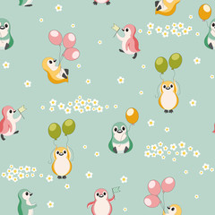 Seamless background with flowers and happy penguins