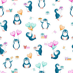 Seamless background with happy penguins, balloons, gift boxes on a white background. Cute children pattern. Vector illustration.
