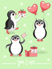 Set of penguins with balloons.