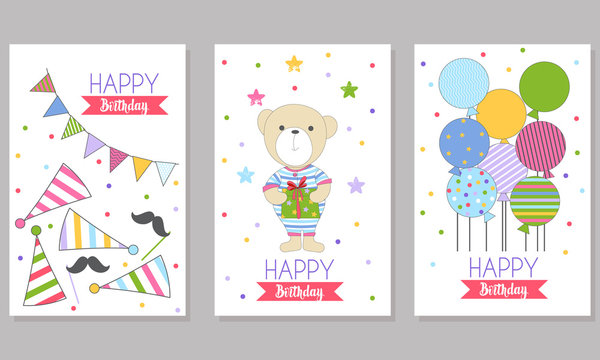 3 Birthday cards with bear and elements