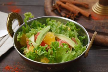Vegan and vegetarian indian restaurant dish, fresh vegetable salad