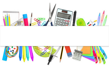 empty paper panorama copy space banner over school / office supplies on white background