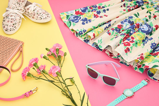 Fashion Summer girl clothes Set, Accessories. Hipster Outfit. Stylish Floral Dress,Trendy fashion Sunglasses, flowers. Glamor Gumshoes. Summer lady Essentials. Creative Design. Fashion Urban Concept