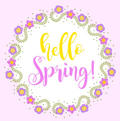 Hello Spring floral frame for text, isolated on white background. Spring template for your design, cards, invitations, posters. Vector illustration