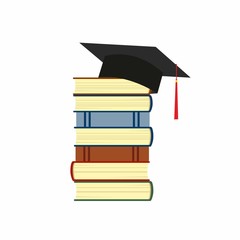 illustration of a stack of books and a hat of the graduate isolated on white background