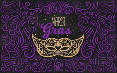 Vintage Mardi Gras typography on blackboard background with lace mask and curly decoration. Vector Illustration.