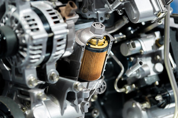 Engine oil filter cross section display inside machine motor in car. - obrazy, fototapety, plakaty