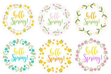Fototapeta na wymiar Hello Spring set floral frame for text, isolated on white background. Vector illustration