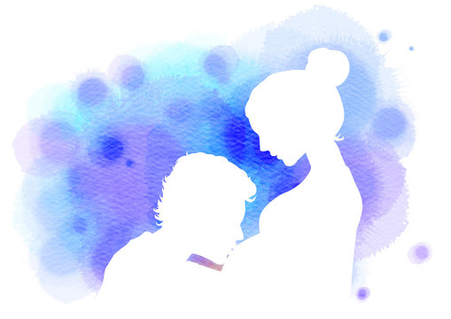 Double exposure illustration. Side view of young man kissing the belly of his pregnant woman silhouette plus abstract water color painted. Digital art painting
