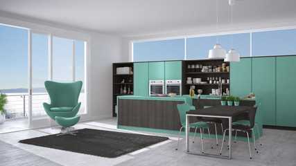 Modern gray and turquoise kitchen with wooden details, big window with sea or lake panorama