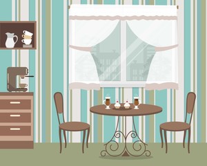 Kitchen vector illustration. There is a table, two chairs, shelves, a coffee machine on a window background and a striped wall in the picture.