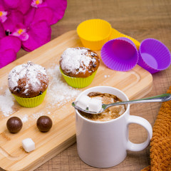 Bright Cupcake with icing sugar and chocolate