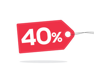 Red price tag label with 40% text on it and with shadow isolated on white background.