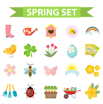 Spring icons set, flat style. Gardening cute collection of design elements, isolated on white background. Nature clip art. Vector illustration