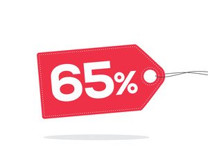 Red price tag label with 65% text on it and with shadow isolated on white background.