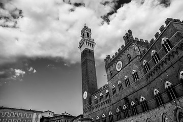 Piazza del Campo square in Siena (Black and white exterior). The historic centre of Siena, Tuscany, Italy